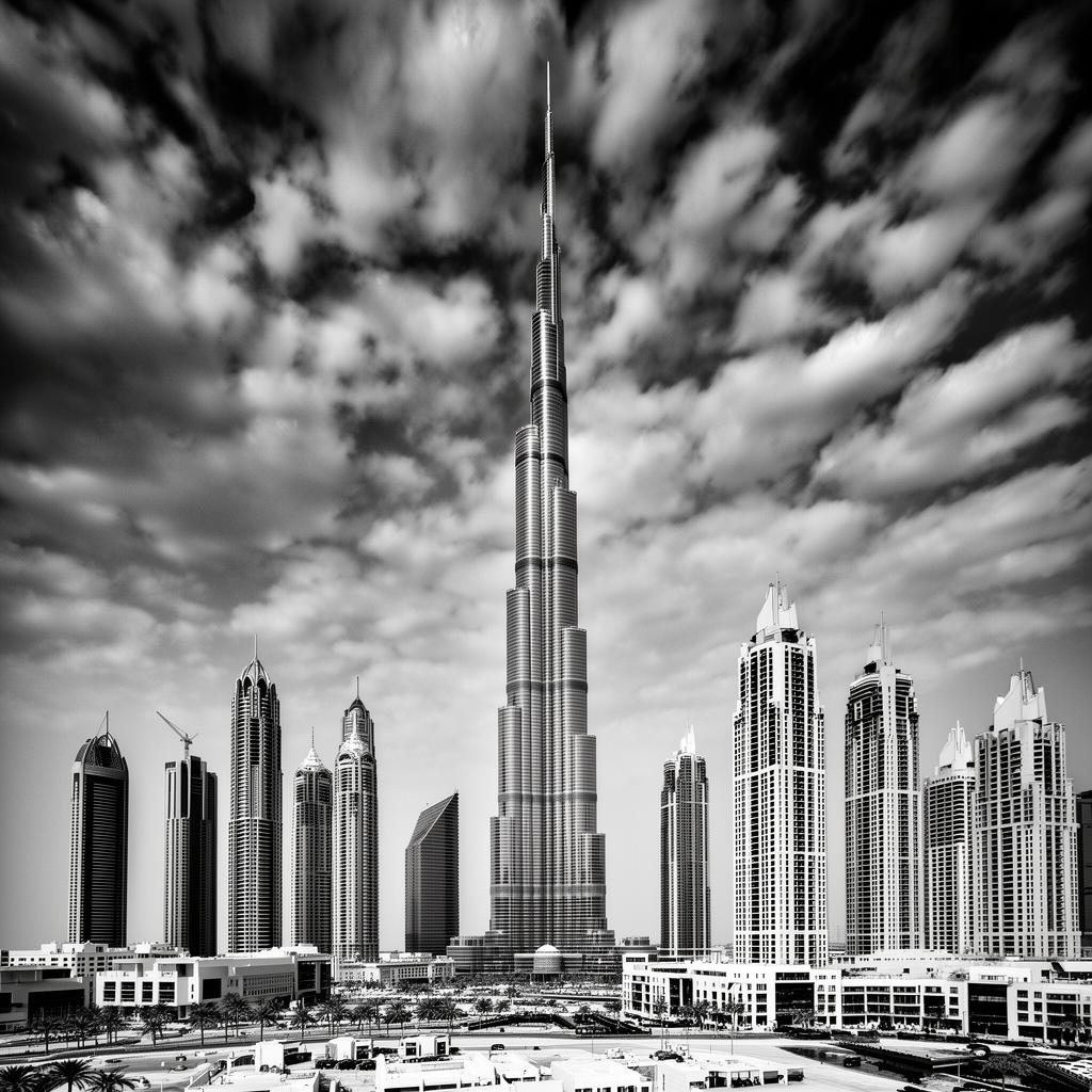 Dubai skyline featuring Burj Khalifa, editorial monochrome