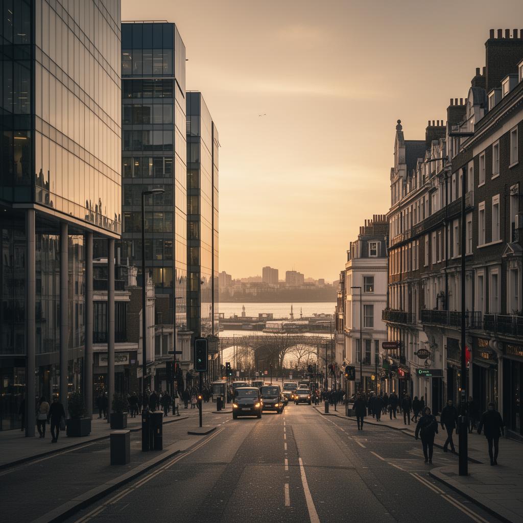 Chiswick High Road, London — view toward the Thames at golden hour